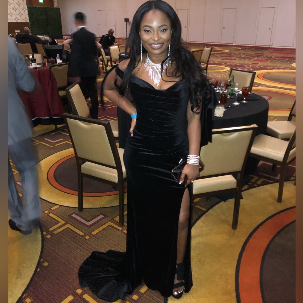 Black Velvet Wavy Tie Shoulder Gown